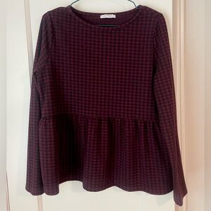 ZARA TRAFALUC WOMEN'S RED BLACK PLAID GINGHAM PEPLUM FRONT TOP size medium